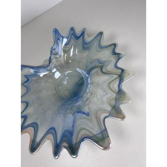 VTG Murano Iridescent Pearlized Blue White Swirl Bowl Hand Blown Art Glass Italy - Picture 4 of 9